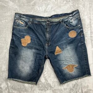 Parish Nation Mens Dark Wash Distressed Denim Shorts Patches Raw Hem Size 46x11